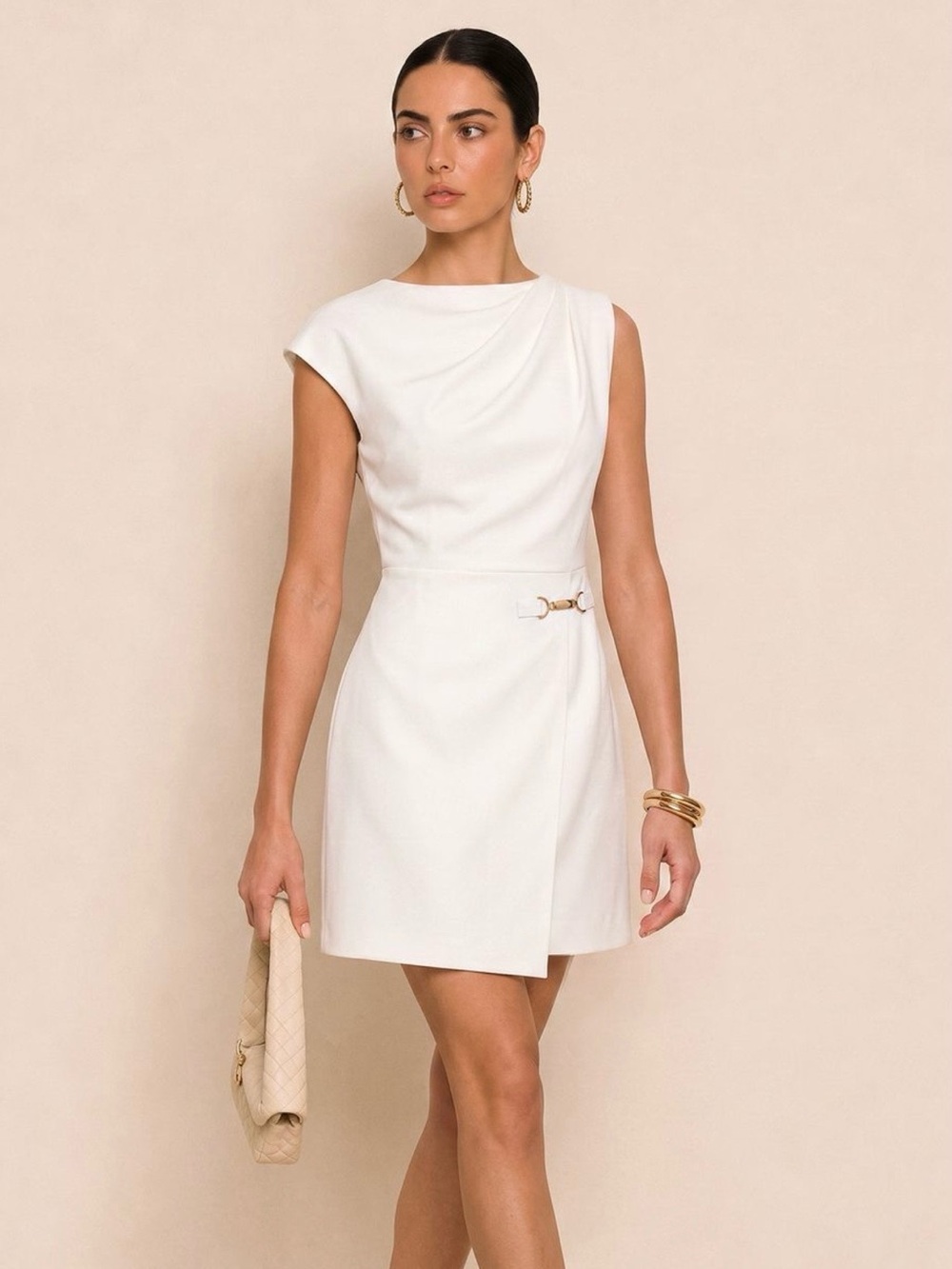 Commense White Mini Dress with Gold Buckle